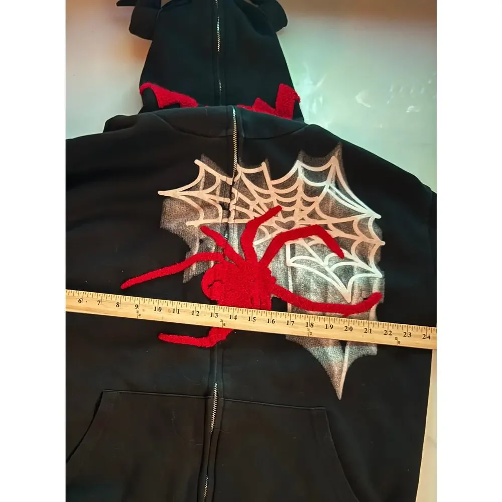 ELFRIC EDEN Spider Web Full Zip Graphic Gothic Hoodie Black Red White Size Large